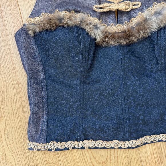 Vintage Italian Denim Corset Top with Fur Trim & Lace-Up Back (M) - Picture 7 of 11